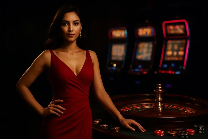 Elegant Casino Banner Beautiful woman in red dress standing confidently near roulette and slot machines with gold coins and poker chips in a luxury Bangladeshi casino setting