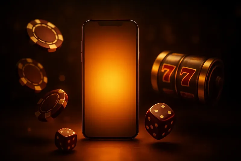 Luxury Casino Banner Glowing smartphone surrounded by casino chips, slot reels, and dice on a dark gold background